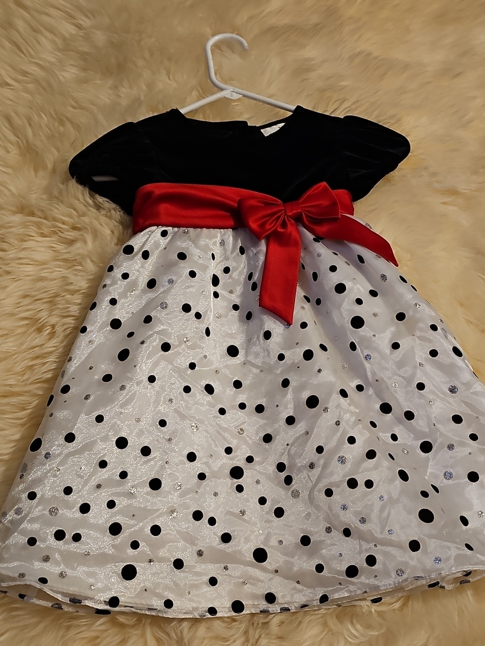 Rare Editions Black Velvet & White Polka Dot Dress with Red Sash